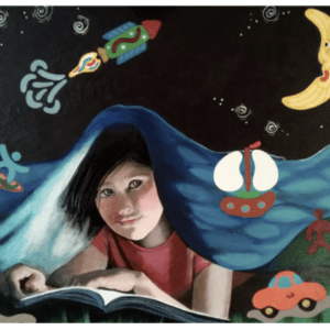 A "Journey to the Stars and Past Mars" of a girl reading a book.