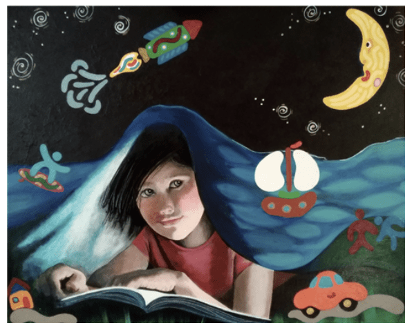 A "Journey to the Stars and Past Mars" of a girl reading a book.