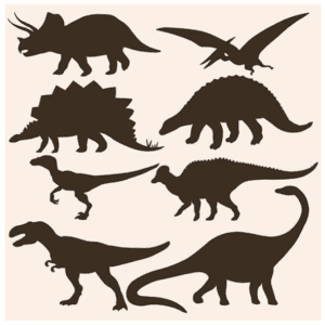 A set of Roar With the Dinosaurs silhouettes on a white background.