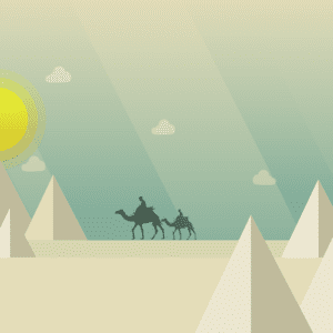 A desert scene with camels and pyramids, The Beautiful Art of Egypt.