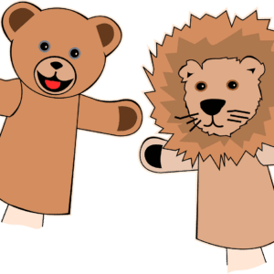 Two Toy Theater: Folktales & Fables puppets of a teddy bear and lion.