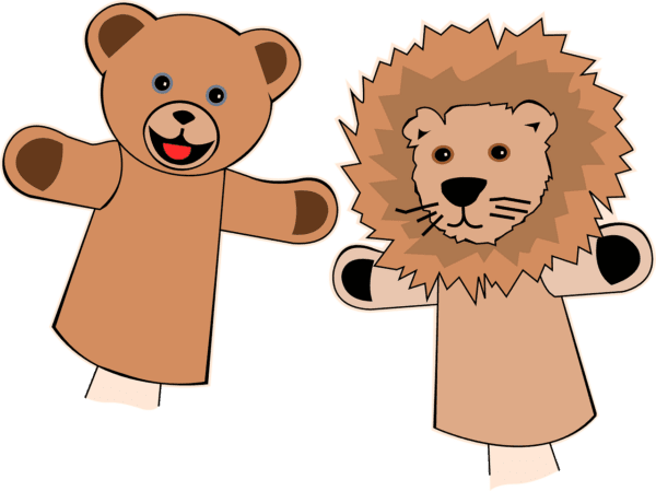 Two Toy Theater: Folktales & Fables puppets of a teddy bear and lion.