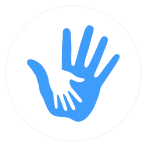 A blue hand holding a child's hand, symbolizing the connection fostered by the founder's society.