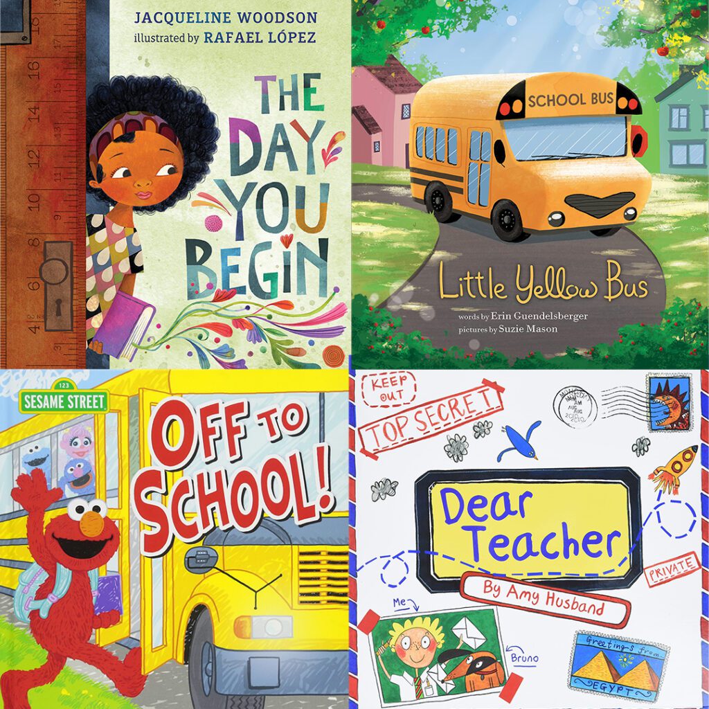 A back to school collection of children's books featuring a school bus and a teacher.