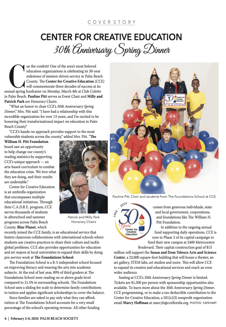 Promotional flyer for the Center for Creative Education 30th Anniversary Celebration Dinner, featuring media details and a group of people with balloons.