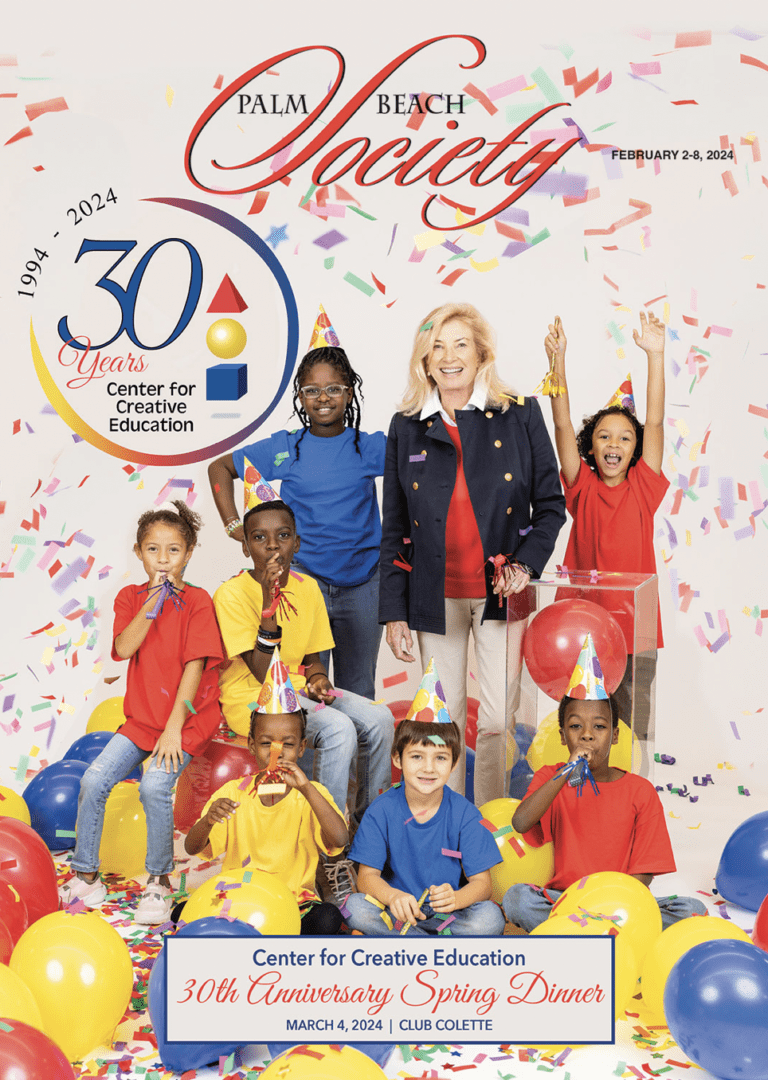 Group of diverse children and one adult celebrating the 30th anniversary of the Center for Creative Education with balloons, confetti, and media coverage.