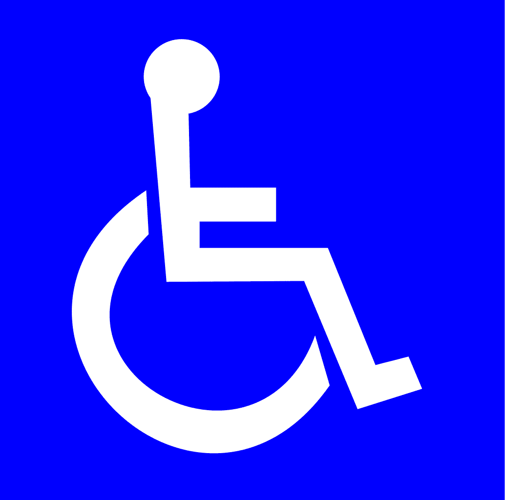 White wheelchair symbol on blue background.