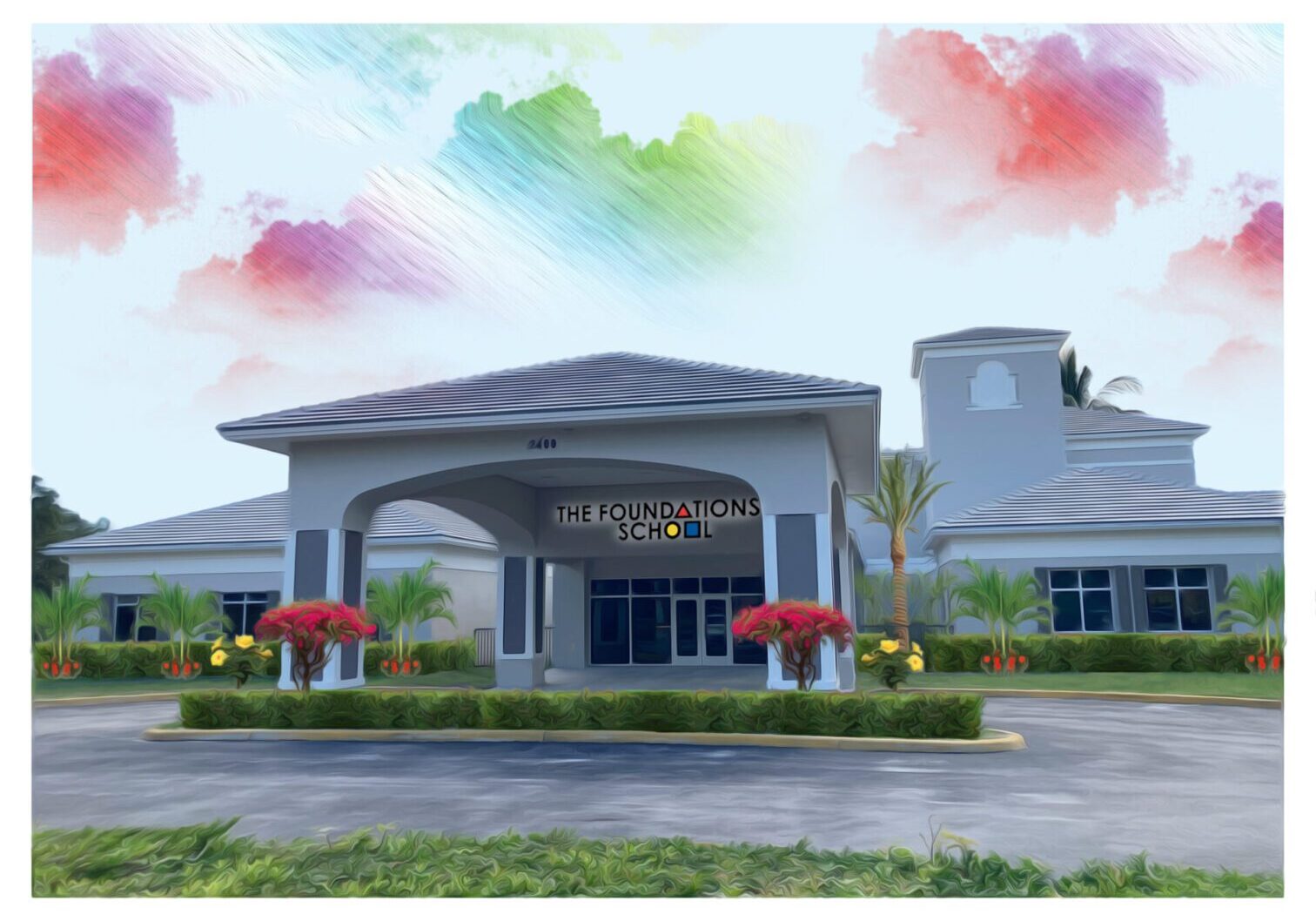 The front of The Foundations School building with colorful clouds.