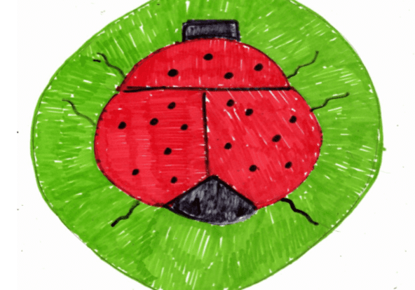 A virtual drawing of a ladybug on a green leaf, showcasing creativity.