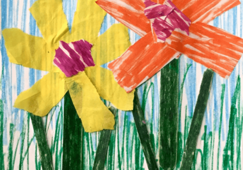 A drawing of daffodils on a piece of paper with a subtle touch of the president's message.