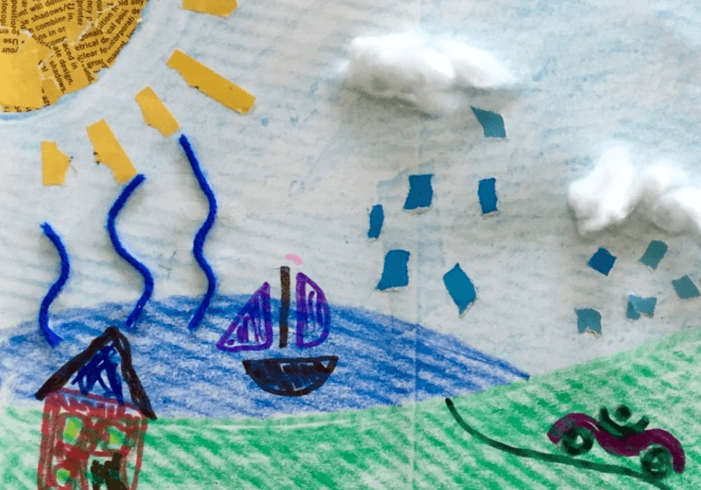 A child's drawing of a boat, sun and clouds conveying a playful vibe.