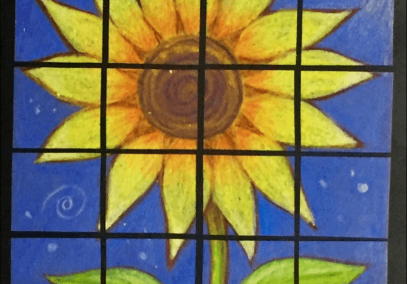 A sunflower painted on a stained glass window, delivering a message from the president.