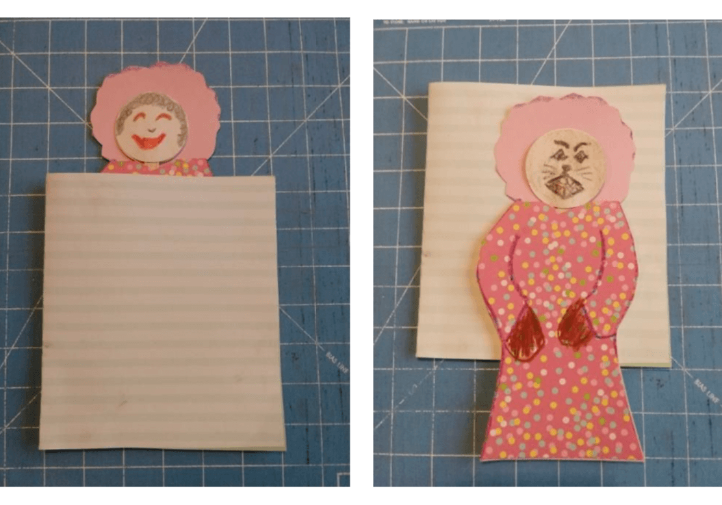 Two pictures of a paper doll wearing a pink dress delivering a message from the president.